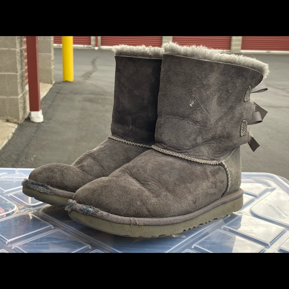 UGG Gray Suede Fur Bailey Bow II Winter Boots